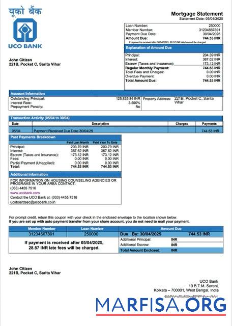 Printable India UCO Bank mortgage statement Word and PDF template
